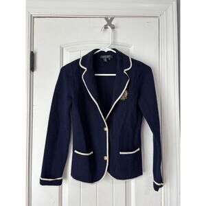 LAUREN RALPH LAUREN ROYAL NAVY BLUE CREST COAT OF ARMS CARDIGAN SWEATER Petite M